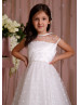 Ivory Heart Print Tulle Pearl Embellished Flower Girl Dress